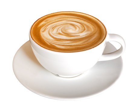 Hot coffee latte cappuccino spiral foam isolated on white background, clipping path included