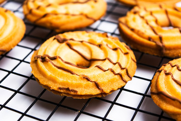 Homemade cookies with cacao topping on a table