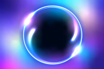 Colorful fantastic background with neon round frame and space portal into another dimension