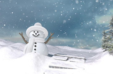Snowman in winter landscape for christmas,3d illustration