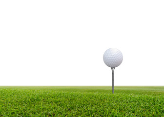 Golf ball on green grass isolated on white background