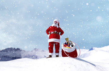 Santa claus with bag of a gifts in winter landscape for christmas,3d illustration