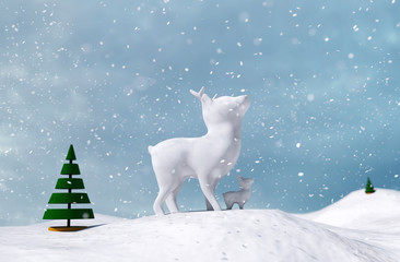 Artificial Baby deers decorate in winter snow landscape for christmas,3d illustration