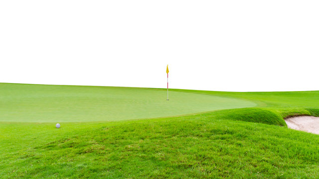 Golf Ball On Green  Flag And Golf Hole As Background Isolated On White Background