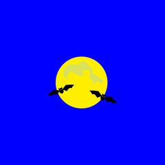 Halloween symbol. Icon of flying bat. Black bat. Silhouette. Night view of full moon and flying bats. Cartoon. Vector illustration.