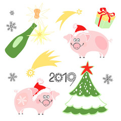 New year vector set with cute pigs on a white background. Cartoon illustration,  isolated hand-drawn element . Piggy - animal symbol of new year 2019.