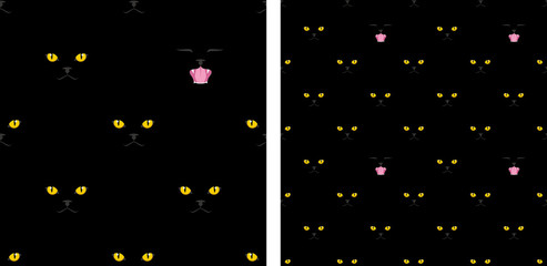 Simple flat style seamless vector illustration background. Black cats with yellow eyes.