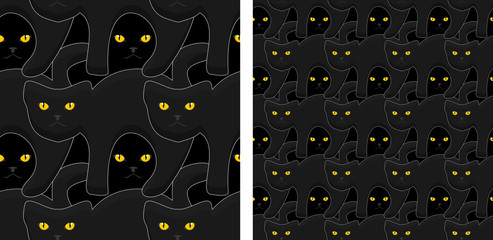 Simple flat style seamless vector illustration background. Black cats with yellow eyes.