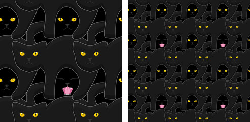 Simple flat style seamless vector illustration background. Black cats with yellow eyes.