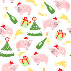 Sweet little pigs and symbols of the New Year. Vector cartoon seamless pattern. Piggy - animal symbol of new year 2019.