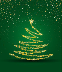 Vector illustration abstract golden christmas tree on green background. Golden light decoration. Christmas tree as symbol
