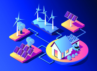 Transmission of solar and wind energy for use at home. Solar panels and wind turbines feed the smart home and electric car. Isometric 3d