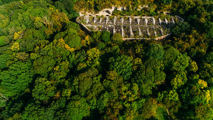 Aerial view of beautiful ancient fortress in forest in summer. Tarakaniv Fort.