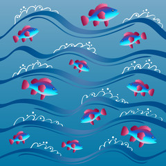 Colorful fish swimming in the sea waves. Sea background
