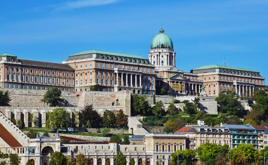 Royal Castle and surrounding buildings Budapest, Hungary on bright blue sunny day.