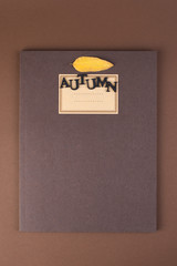 Brown background with notebook for records and autumn yellow leaves. Free space for text. Top view. Copy space.