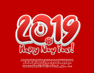 Vector sweet Happy New Year 2019 Greeting Card with set of letters, symbols and numbers. Funny Red and White Font.