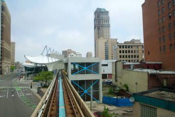 DETROIT, MICHIGAN, UNITED STATES - MAY 22nd, 2018: Riding the 'Detroit People Mover' Tramway in...