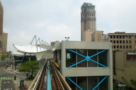 DETROIT, MICHIGAN, UNITED STATES - MAY 22nd, 2018: Riding the 'Detroit People Mover' Tramway in Detroit Downtown. The elevated monorail is one of many public modes of transportation in the city