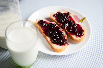 Breakfast in morning or lunch with milk and bread with jam on the table