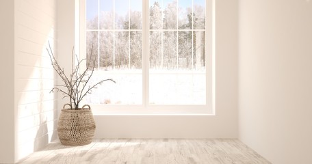 White empty room with vase and winter landscape in window. Scandinavian interior design. 3D illustration