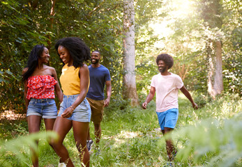 Fototapeta premium Two black adult couples enjoying a Summer hike in the forest