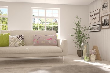 White room with sofa and green landscape in window. Scandinavian interior design. 3D illustration