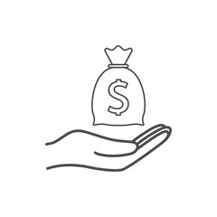 Money bag with hand icon. Vector illustration, flat design.