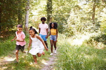 Fototapeta premium A black couple and their two kids walking in a forest