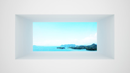 White wall with window Sea view and bright sky - Artwork for summer - 3D Rendering