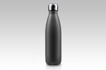 Black-matte, empty stainless thermo water bottle close-up isolated on white background. Studio photography