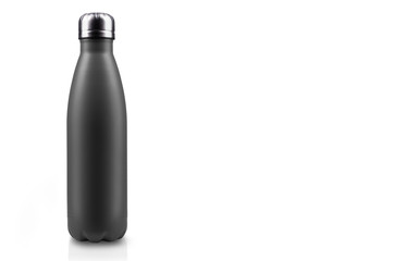 Black-matte, empty stainless thermo water bottle close-up isolated on white background. Studio photography