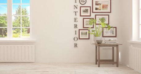 White empty room with summer landscape in window. Scandinavian interior design. 3D illustration
