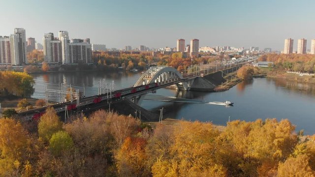 railway bridge across river in Khimki city, Russia
