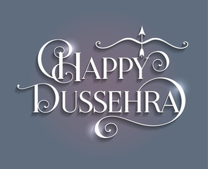 White text calligraphic inscription Happy Dussehra festival Indian with bow and arrow with a shadow and shine on a blue background. Vector illustration