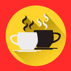 black and white cup of coffee in flat icon background.