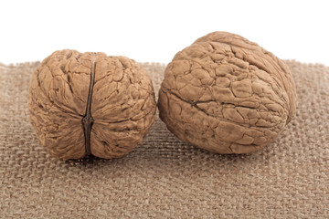 walnuts on burlap on a white background