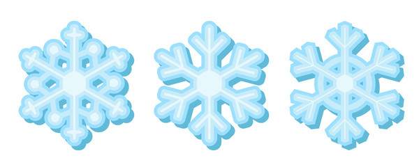 Set of flat blue snowflakes with shadow. Isolated on white.