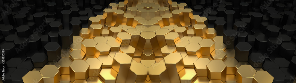 Poster abstract hexagonal geometric ultra wide background. structure of lots metal hexagons. shiny honeycom