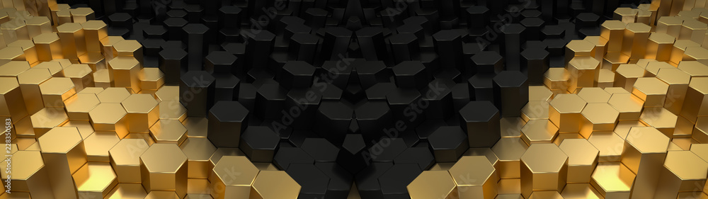 Poster abstract hexagonal geometric ultra wide background. structure of lots metal hexagons. shiny honeycom