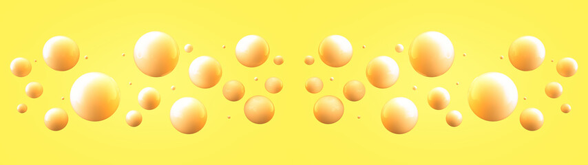 Shiny balls with different size on simple gradient background. Glossy bubbles in empty space. Abstract ultra wide composition with chaotic floating spheres. 3d rendering