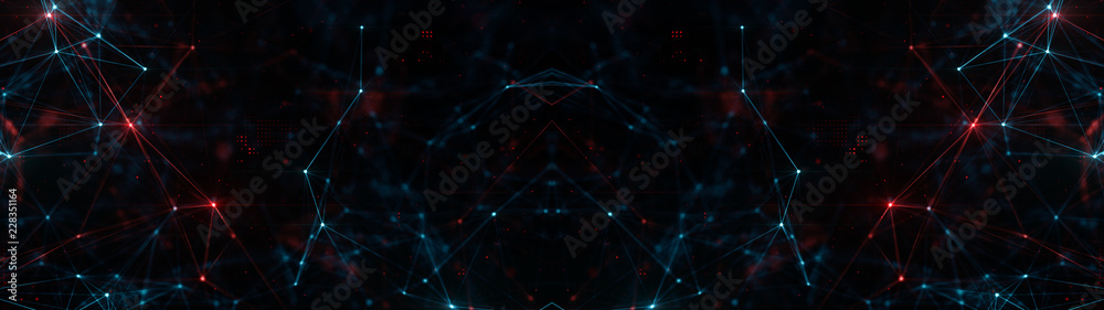 Poster abstract ultra wide plexus structure of many glowing lines and particles. orange blurred background 