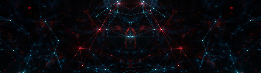 Abstract ultra wide plexus structure of many glowing lines and particles. Orange blurred background with digital composition and optical flares. 3d rendering