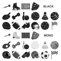 Different kinds of sports black icons in set collection for design. Sport equipment vector symbol stock web illustration.