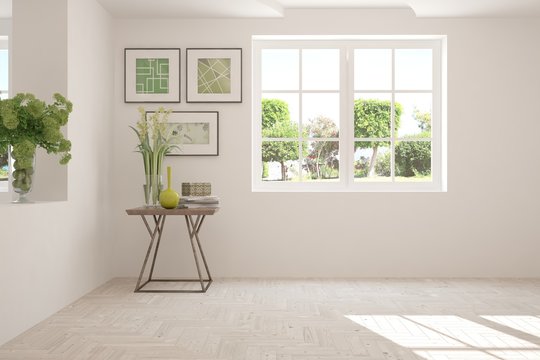 White empty room with summer landscape in window. 3D illustration