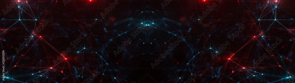 Poster abstract ultra wide plexus structure of many glowing lines and particles. orange blurred background 