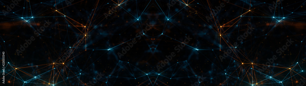 Poster abstract ultra wide plexus structure of many glowing lines and particles. orange blurred background 