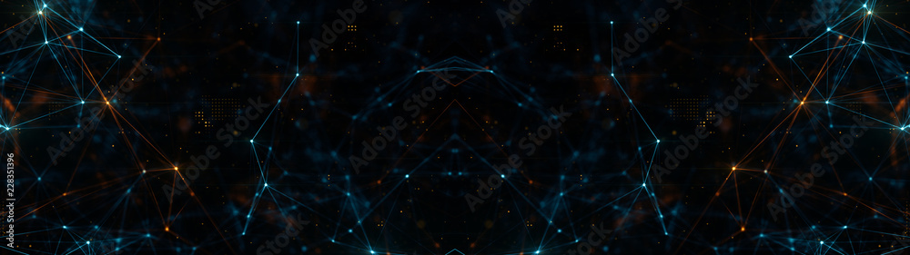 Poster abstract ultra wide plexus structure of many glowing lines and particles. orange blurred background 