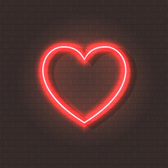 Vector Neon Shining Heart, Glowing Lines Realistic Illustration on Wall Background.