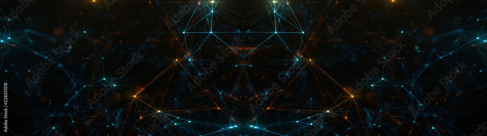Poster abstract ultra wide plexus structure of many glowing lines and particles. orange blurred background 